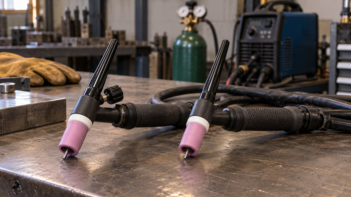 Two generic TIG torch bodies, one with a manual gas valve knob and one without, resting on a fabrication workbench with welding equipment in the background