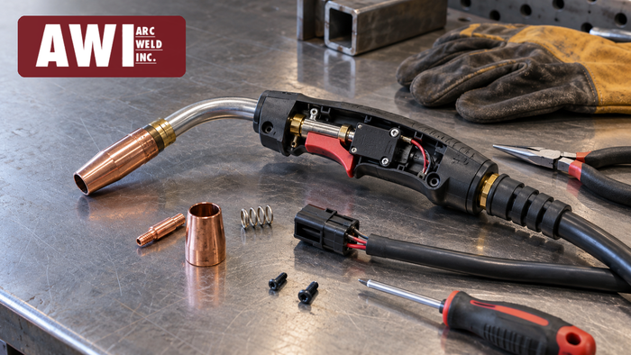 Generic MIG gun handle opened for trigger-switch inspection on a steel workbench, with the approved AWI Arc Weld Inc. logo.
