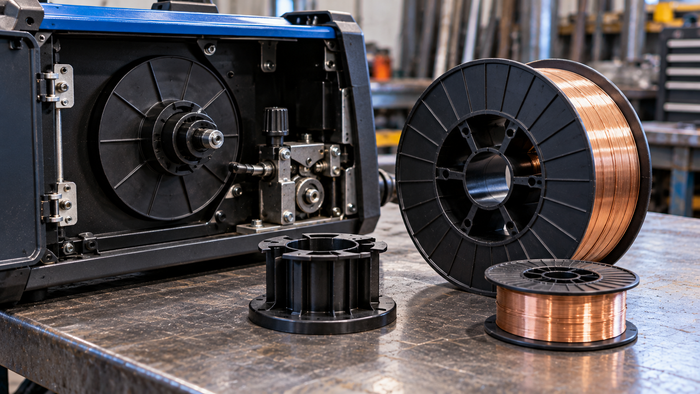 Unbranded MIG wire feeder beside an adapter and small and large wire spools on a steel workbench; illustrative workshop scene.