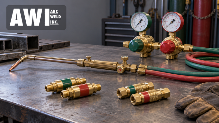 Oxy-fuel torch, regulators, hoses, check valves and flashback arrestors on a welding bench with the Arc Weld Inc. logo