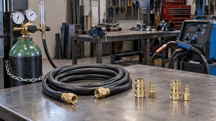 Generic welding shielding-gas hose with brass quick-connect fittings on a workbench beside a secured cylinder and a welding machine
