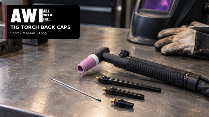 Arc Weld Inc. TIG torch back-cap guide showing generic short, medium, and long back caps beside a TIG torch and tungsten electrode