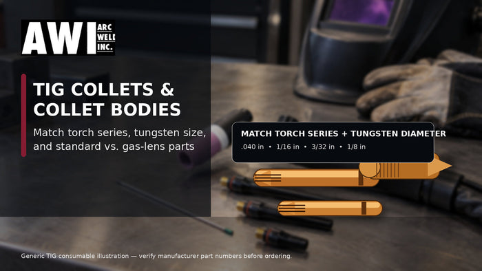 Arc Weld Inc. TIG collet and collet-body fitment guide for matching torch series and tungsten diameter