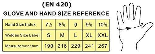 Size reference chart for COMFOflex welding gloves, displaying hand size index and corresponding glove sizes from S to XXL, aiding customers in selecting the perfect fit for their welding needs.