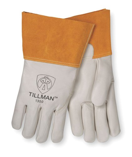 Tillman 1350-M MIG Welding Gloves featuring a 12-inch top grain leather design with a gauntlet cuff, showcasing the high-quality split cowhide leather and Kevlar stitching, ideal for MIG welding applications.