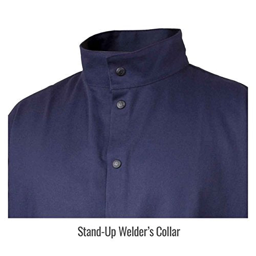 Detailed image of the front snaps and collar of the Black Stallion JF1625-NG Stretch-Back FR Cotton Welding Jacket, illustrating key features of this flame resistant welding jacket for enhanced protection.