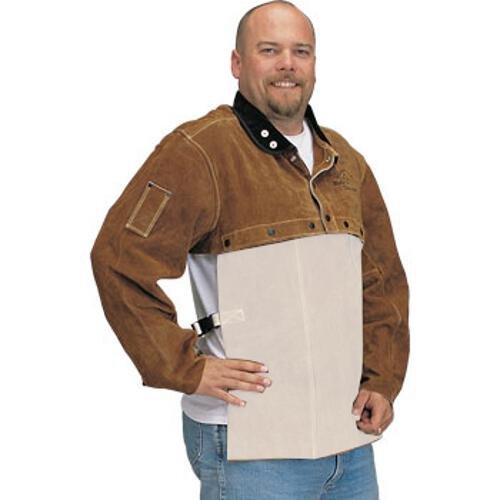 Black Stallion Large Split Cowhide Welding Cape Sleeve, Kevlar Stitched with Gusseted Underarms, modeled by a man wearing it, showcasing its premium quality and design features.