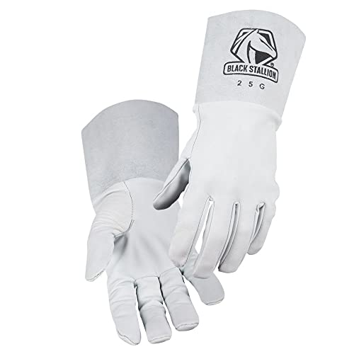 Black Stallion 25GL Large TIG Goatskin Welding Glove by Revco, featuring lightweight goatskin for superior dexterity and protection, ideal TIG welding gloves and includes a protective 4.5 inch cowhide leather cuff.
