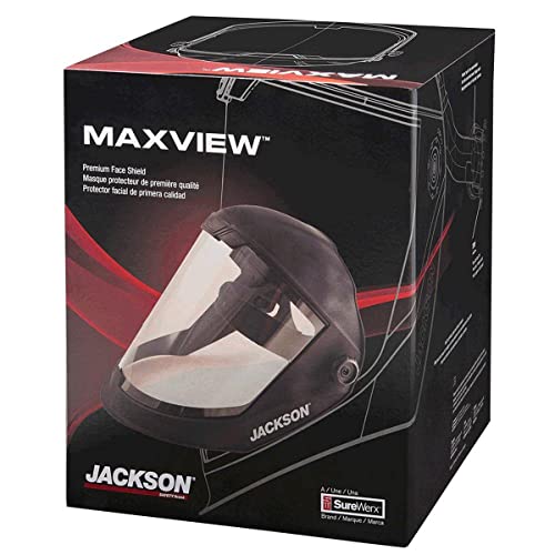 Jackson Safety MAXVIEW Face Shield demonstrating clear face shield protection with integrated side and chin guards, paired with 370 Speed Dial Ratcheting Headgear. Headgear / Face Shield.