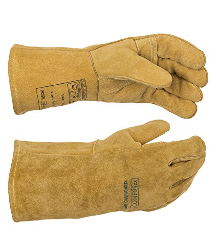 COMFOflex Welding Gloves shown in palm view, Large 14" crafted from side split cowhide leather with Kevlar sewn, designed for durability and comfort with heat resistant properties.