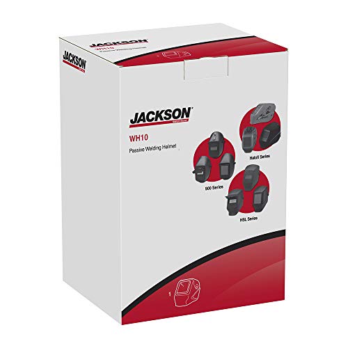 Packaging for Jackson Safety Jackson 15134 W10 HSL 100 Black Passive Welding Helmet, highlighting the helmet features and series information on a red and white box.
