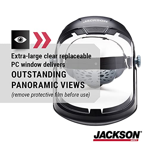 Detailed image of Jackson Safety MAXVIEW Face Shield featuring clear face shield protection, designed with 370 Speed Dial Ratcheting Headgear for a precise fit. Headgear / Face Shield.