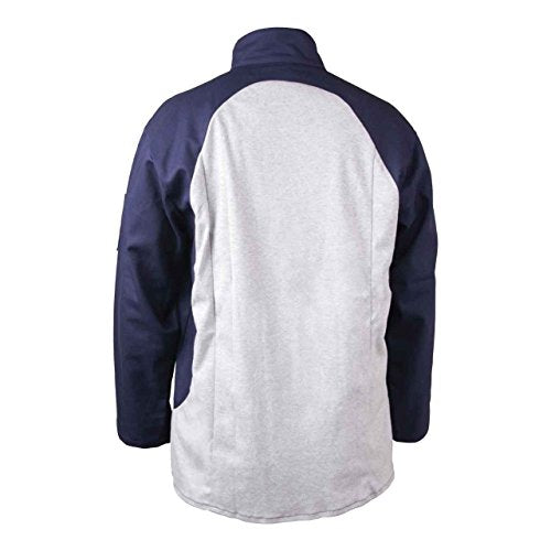 Black Stallion Black Stallion JF1625-NG Stretch-Back FR Cotton Welding Jacket in Navy and Gray, X-Large size, showcasing flame resistant welding jacket features and comfort for welders.