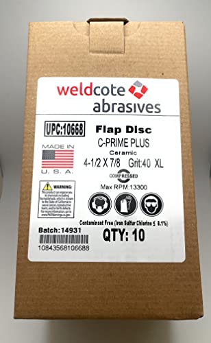 Weldcote Metals Weldcote 10668 Flap Discs C-Prime Ceramic 4.5" 40 Grit XL 7/8" Arbor - Packaging of the flap discs, showing quantity and specifications.