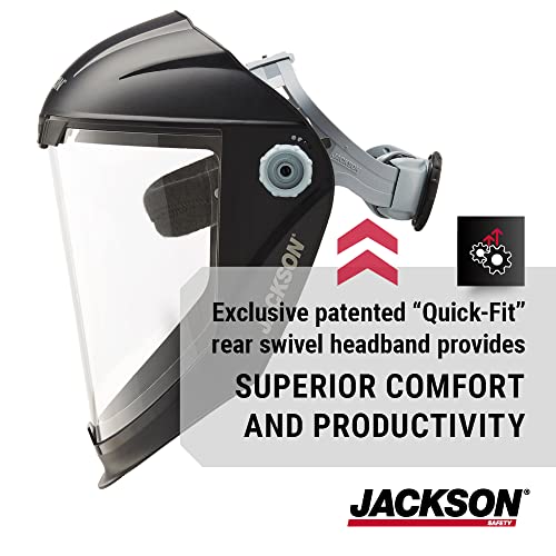 Jackson Safety MAXVIEW Face Shield showcasing the 370 Speed Dial Ratcheting Headgear, providing excellent clear face shield protection for various safety applications. Headgear / Face Shield.