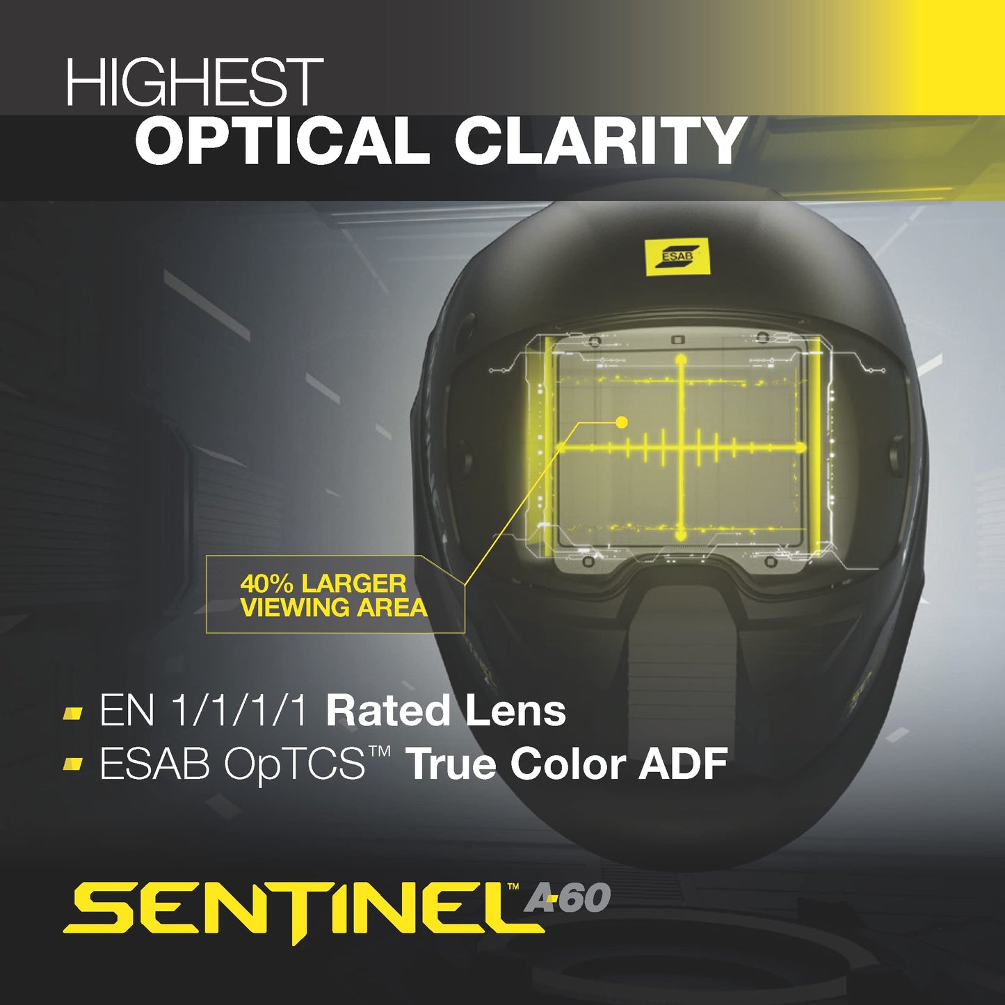 ESAB 0700600860 Sentinel A60 Welding Helmet with panoramic view and precise 0.5 shade adjustment feature.