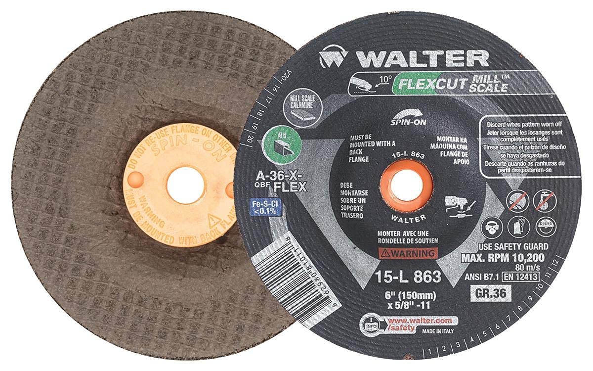 Walter Surface Technologies Walter 15L863 FLEXCUT Mill Scale Flexible Grinding Wheel for effective grinding on curved surfaces.