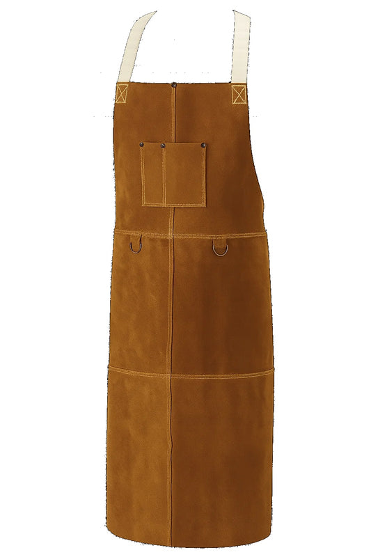 Black Stallion 42A 42" Quality Side Split Cowhide Welding Bib Apron displayed in a frontal view, showcasing the durable cowhide material and adjustable straps.