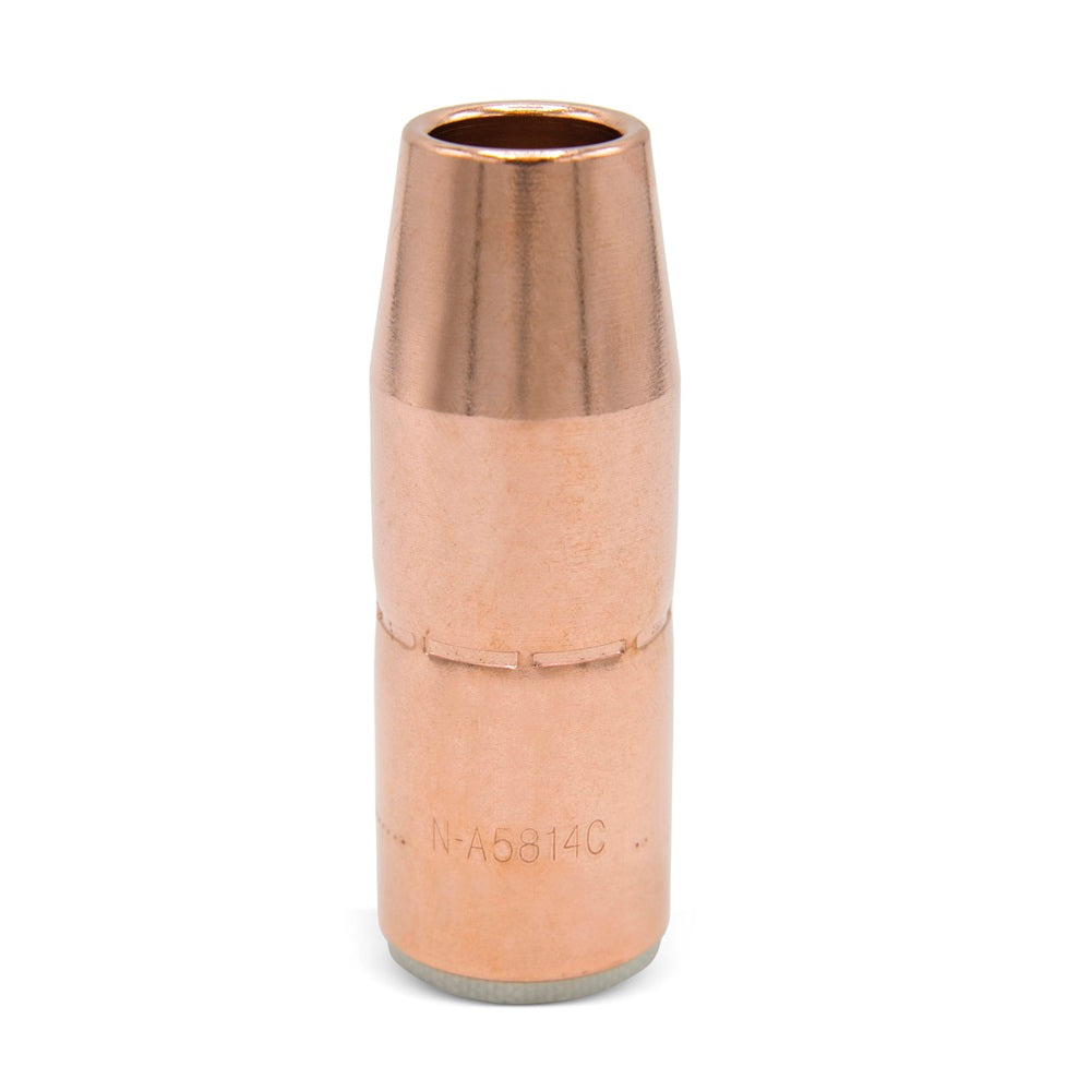 Bernard N-A5814C Nozzle, Acculock S, Large, 5/8 Orifice, 1/4 Recess, Copper - 10 pack. High-quality MIG welding nozzle designed for use with MDX-250 AccuLock S MIG Gun and Bernard BTB MIG Guns. Essential Mig Consumable for professional welding.