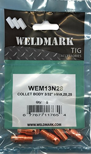Weldmark TIG Collet Body Set of 5 for #9, 20, and 25 Torches - High-Quality Welding Accessories, includes 3/32" collet bodies.