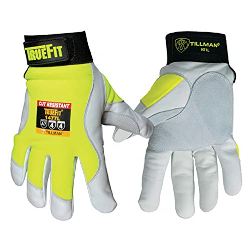 Tillman 1477 TrueFit Large Cut Resistant Goatskin Gloves featuring high-visibility color, Para-Aramid lining, and reinforced thumbs for enhanced safety and durability, designed for professionals needing ANSI A7 cut resistance.