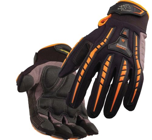 Black Stallion GX100M Medium Tool Handz Anti-Vibration Mechanic's Gloves showcasing the black and orange synthetic leather palm, designed for comfort and safety with padded vibration-dampening features, ideal for mechanics.
