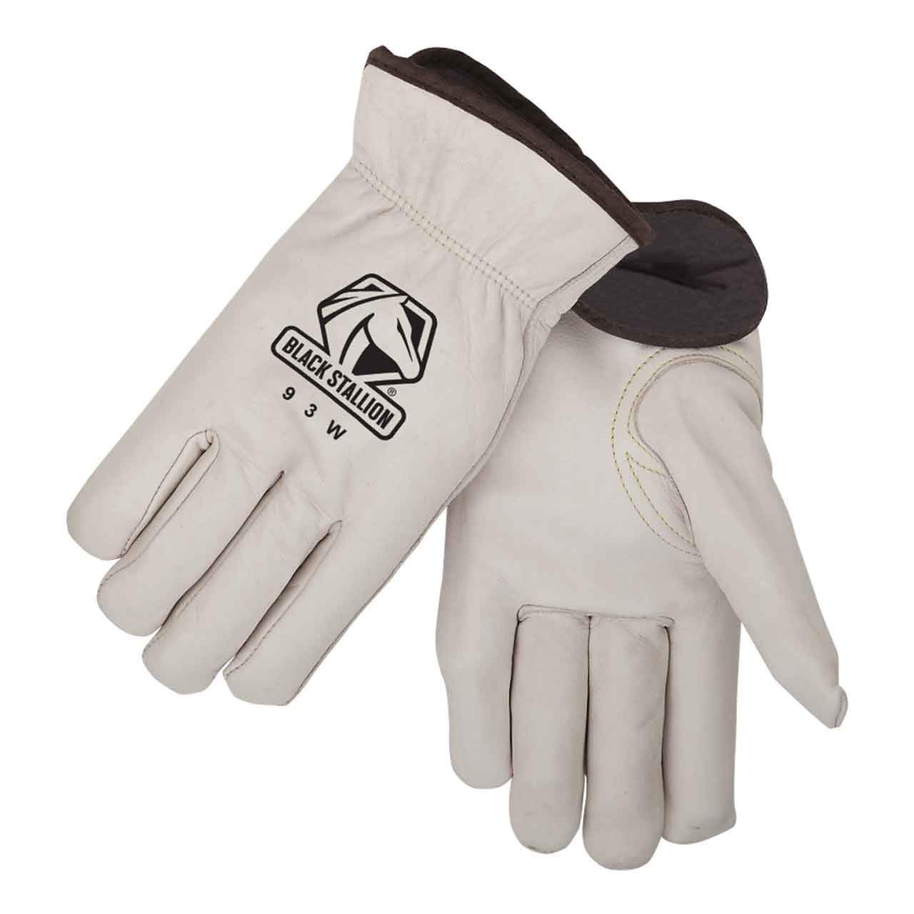 Black Stallion 93W Fleece Insulated Cowhide Winter Drivers Gloves in Medium size, showcasing quality grain cowhide material. Ideal work gloves for winter driving, providing warmth and durability as insulated cowhide gloves.