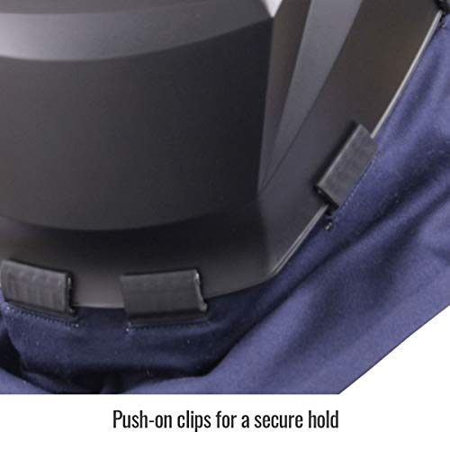 Black Stallion AH2140-NS FR Wraparound Helmet Bib displayed in a work environment, highlighting its lightweight double-layer FR cotton construction for welders' safety.