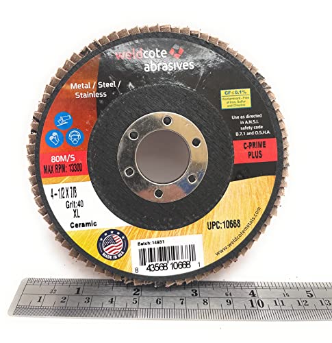 Weldcote Metals Weldcote 10668 Flap Discs C-Prime Ceramic 4.5" 40 Grit XL 7/8" Arbor - Detailed view of flap disc featuring grit specifications and maximum RPM.