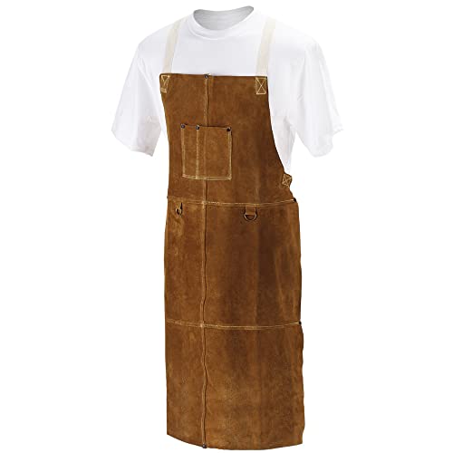 Black Stallion 42A 42" Quality Side Split Cowhide Welding Bib Apron worn by a model, demonstrating comfort and coverage ideal for welding applications.