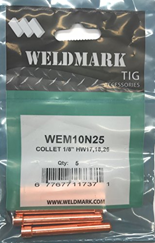Weldmark 5-Pack Collets for TIG Torches #17, #18, #26 - High Quality Performance featuring 1/8 inch size collets in packaging.