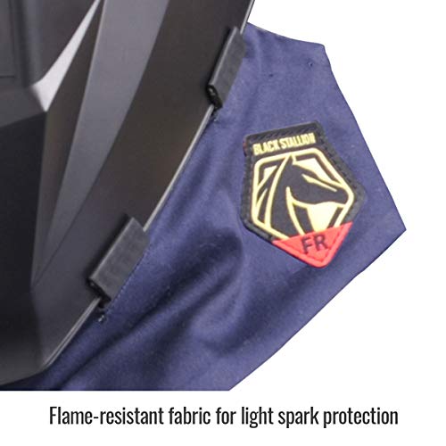 Black Stallion AH2140-NS FR Wraparound Helmet Bib on a welding helmet, illustrating its versatility and compatibility with welding gear.