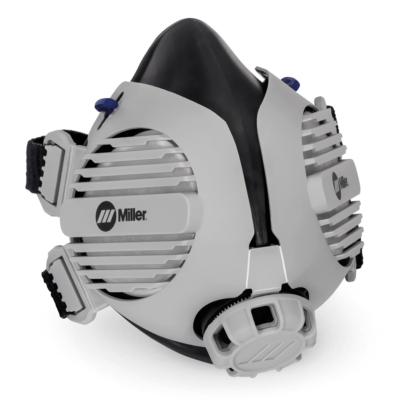 Close-up of Miller 295273 LPR-100 Gen. II Half Mask Respirator showing filter technology and downward-facing exhaust valve design. Effective half mask respirator for minimizing lens fogging.