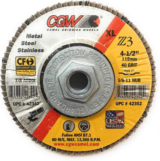 CGW Abrasive 42352 40 Grit Flap Disc, Z3 - 100% Zirconia, XL - 4.5" x 5/8-11, showcasing its durable construction and threaded hub, designed for cutting metal and stainless steel, produced by CGW Abrasives.