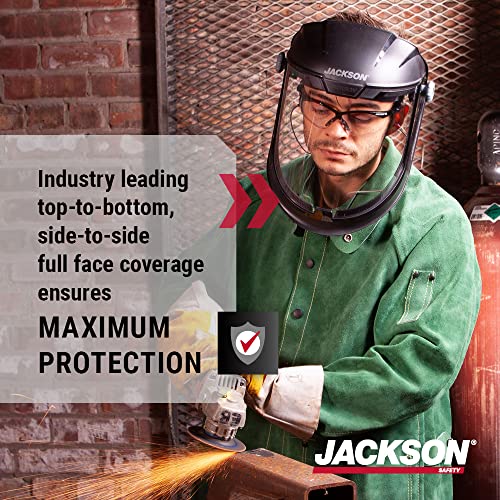 Full view of Jackson Safety MAXVIEW Face Shield with 370 Speed Dial Ratcheting Headgear, emphasizing the clear face shield protection against splashes and debris. Headgear / Face Shield.