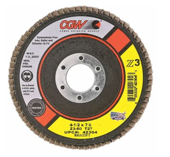 CGW Abrasive 42344, 4-1/2 x 7/8" x 60 Grit Flap Discs, Pack of (10)