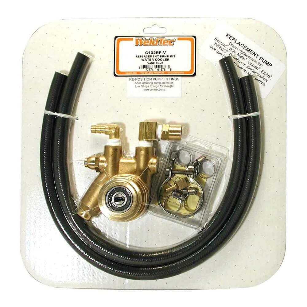 Weldtec C 102RP-V Vane Pump Kit featuring replacement hoses and clamps, ideal for replacement cooling pump systems compatible with Miller, Lincoln, and Dynaflux.
