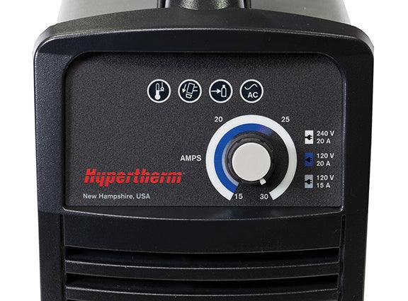 Control panel of the Hypertherm Powermax30 XP Building America Edition Hand Plasma System, illustrating features of a portable plasma cutting system. Plasma Equipment.