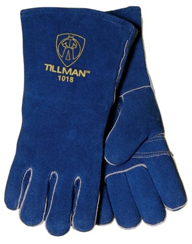 Close-up view of Tillman 1018 Large Cowhide Welding Gloves, blue split shoulder design, 14 inch length, from John Tillman and Co.