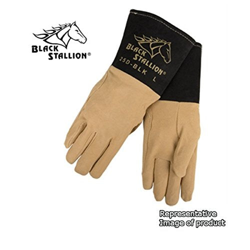 Black Stallion 25DM Medium Deerskin TIG Welding Gloves displayed in a working environment, emphasizing their protective features for welders, categorized as medium TIG welding gloves.
