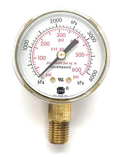 Weldmark 320600 2" x 1/4" NPT Bottom Mount Gauge, painted steel case, displaying pressure measurements up to 600 PSI, ideal for professionals and DIY enthusiasts.