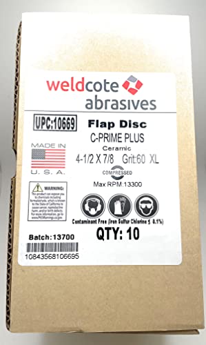 Weldcote Metals packaging of Weldcote XL 4.5" Flap Discs C-Prime Ceramic 60 Grit 7/8" Arbor, containing a pack of 10 approved for heavy duty use.