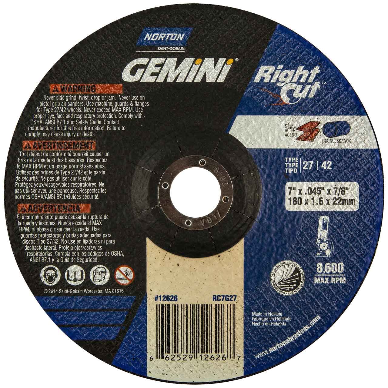 Norton 12626, 7" x 1/16" x 7/8" Metal Cut Off Type 27, Pack of (20)