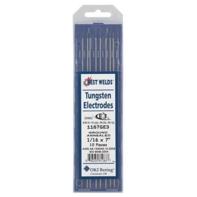 Best Welds 1167GE3 E3 Ground Electrode pack of 10, 1/16" x 7", designed for quality welding solutions, featuring tungsten electrodes for reliable performance.