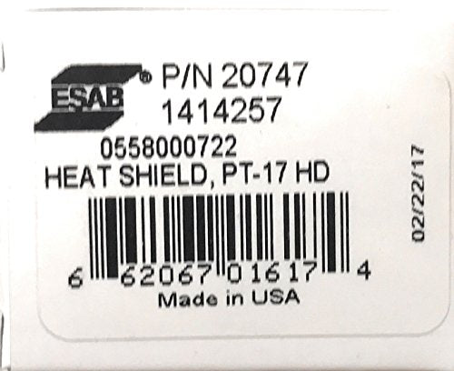 ESAB 20747 Heat Shield for PT-17A and PT-17AM Torches, featuring product label with part number 20747 and specifications.