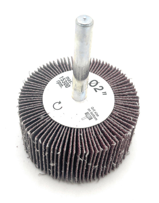 CGW Abrasives CGW 39933 Flap Wheels - 2" x 1" x 1/4" 80 Grit Flap Wheel showcasing a side view with a cylindrical shape and flaps for sanding and grinding.