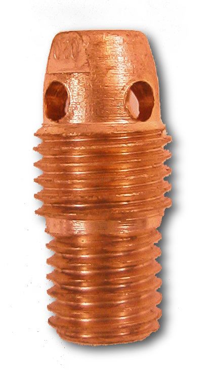 Weldmark TIG Collet Body for #9, 20, and 25 Torches - High-Quality Welding Accessory, Close-up view of a copper collet body.
