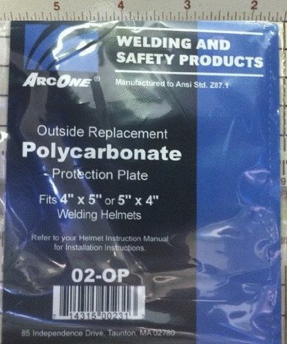 ArcOne 02-OP Clear Polycarbonate Protection Plate for 4 x 5 Helmets, 0.040 inch thick, Pack of 5, offering exceptional durability and universal fit for welding safety.
