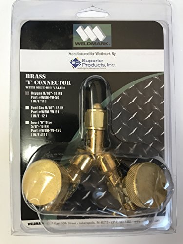 Weldmark Brass Y Connection for Oxygen, 200 PSI, featuring 9/16"-18 valved splitter designed for single oxygen regulator use, displayed in packaging.