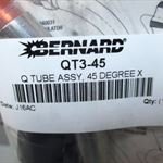 Close-up of the BERNARD QT3-45 Q Gun Tube Assembly label featuring the product details and barcode, highlighting its 45-degree angle design.